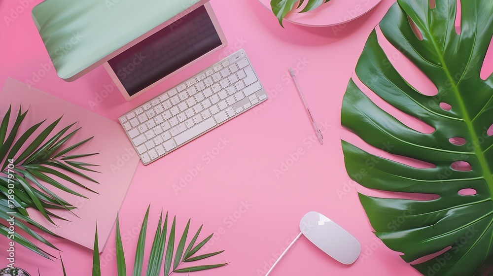 Poster office table desk with computer green leaves palm clipboard magazines social media top view flat lay
