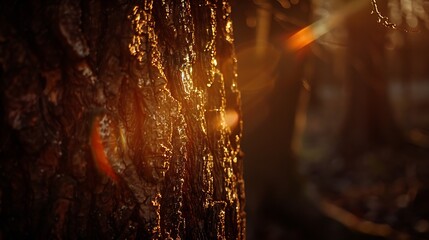Close up on tree trunk illuminated by beam of sunlight : Generative AI