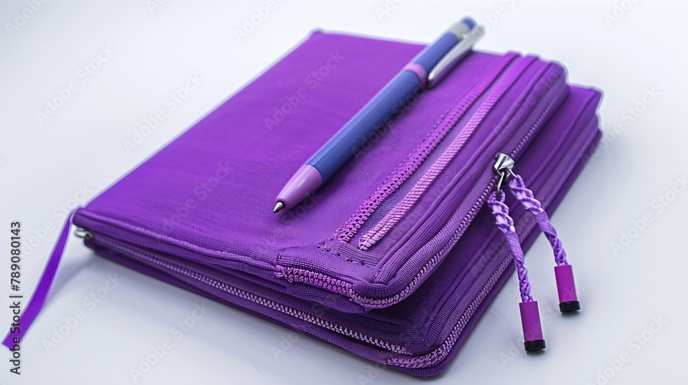 Aufkleber purple notebook with pencil case pen and marker isolated on white background : generative ai