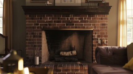Styled Interior of Living Room with Fireplace Close up of custom brick fireplace with empty mantle Negative space for digital art : Generative AI - Powered by Adobe