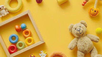 Baby kids toy frame background Teddy bear colorful wooden educational musical sensory sorting and stacking toys for children on yellow background Top view flat lay : Generative AI
