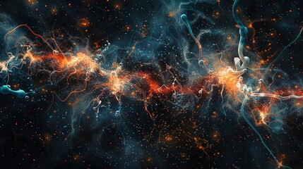 incredibly microscopic high definition. Illustrate human neurons as stars and galaxies, mirroring scientific similarities. Black background enhances the myriad colors in the illustration. - obrazy, fototapety, plakaty