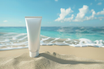 Fototapeta na wymiar close up of blank white tube of sun cream on the sandy beach. bright blue sky, clear sunny day, product shot, advertising style