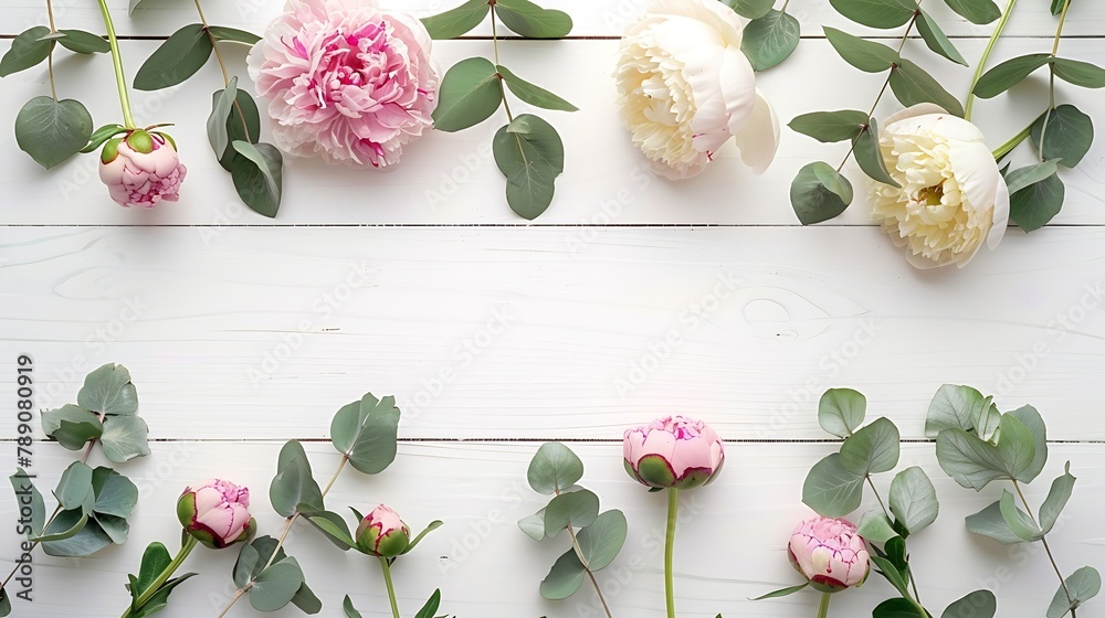 Poster border frame made of pink and beige peonies flower buds eucalyptus branches and leaves isolated on w