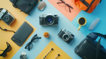 Overhead view of Travelers accessories Essential vacation items Travel concept background : Generative AI