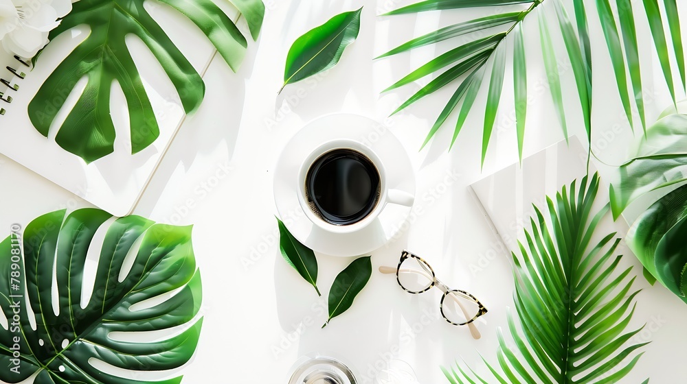 Poster flat lay blogger workspace mockup with tropical leaves coffee and accessories on white background co
