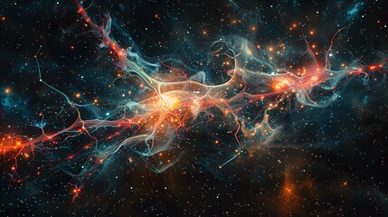 incredibly microscopic high definition. Illustrate human neurons as stars and galaxies, mirroring scientific similarities. Black background enhances the myriad colors in the illustration.