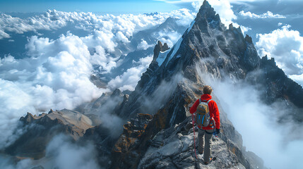 Fototapeta premium High mountain peak piercing through clouds, climber reaching the summit, panoramic view of surrounding peaks, achievement and awe. Generative AI illustration 