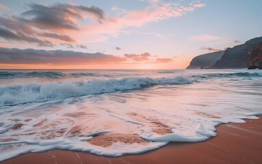Pastel Sunset Over Sea Waves at the Beach - Relaxation, Nature's Beauty, Holiday Mood, Leisure Background, Vacation Vibes