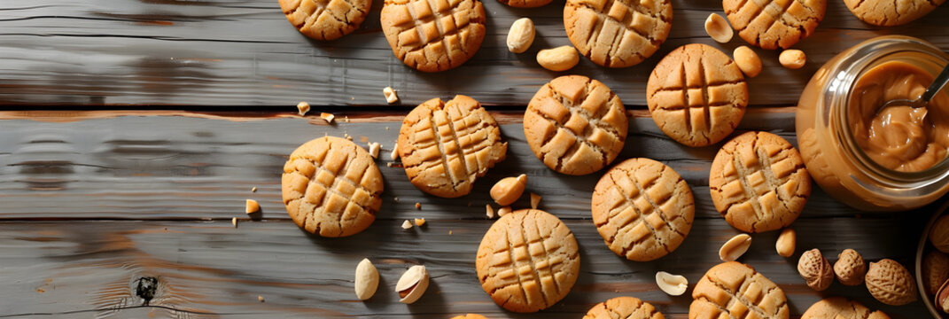 Artful Arrangement of Delectable Homemade Peanut Butter Cookies on a Rustic Wooden Table