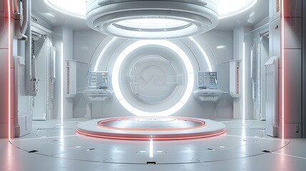 A simple, high-end futuristic sci-fi style design is present. In the middle stands a circular display stage adorned with technological elements and white light effects, surrounded by geometric shapes 