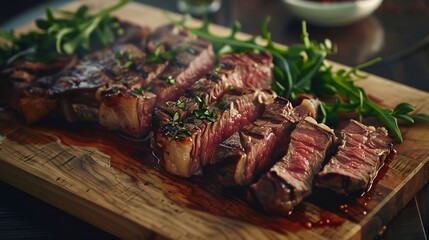 Modern style traditional barbecue dry aged wagyu porterhouse beef steak bistecca alla Fiorentina sliced and served as closeup on a wooden design board : Generative AI - obrazy, fototapety, plakaty