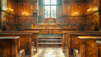 Wooden furniture in the interior of the old church. Close-up