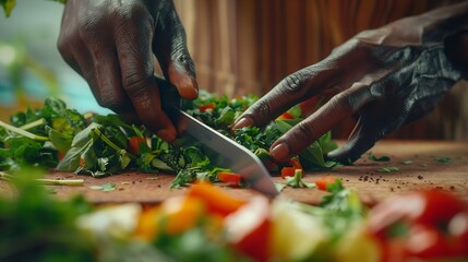 Close up of african american hands using professional knife to chop finely fresh organic herbs and vegetables for stew recipe Cook cutting greens for gourmet dish served at fine dining : Generative AI - obrazy, fototapety, plakaty