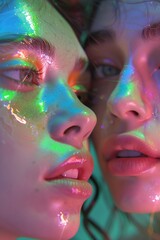 Healthy and fit female forms are artistically merged in a collage, their metallic makeup shining under the soft glow of pastel lights, 