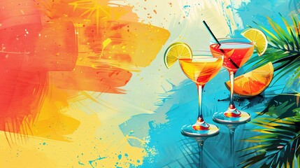 Create a vibrant background for a Cocktail Party or summer event invitation, perfect for cards, posters, flyers, or similar, featuring ample copy space for text integration. - obrazy, fototapety, plakaty
