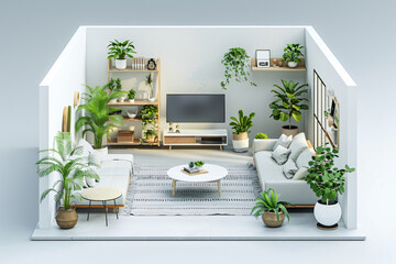 Modern 3D isometric minimalist living room with abundant indoor plants and natural wood elements. Isometric interior design illustration for home decor inspiration and architectural visualization. - obrazy, fototapety, plakaty
