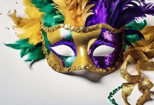 space  poster AI copy Mardi feathers style outfit  Gras white sequin carnivals mask Venetian Paper masquerade isolated background  Happy face covering  mache Costume party confetti carniva
