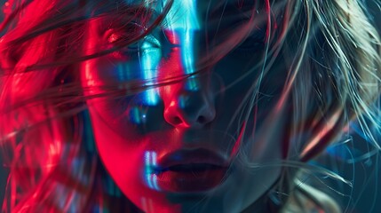 Beautiful woman cover her face with hair closeup fashion portrait in RGB color split RGB effect make reflection of model face in red and blue colors Abstract and futuristic looking sty : Generative AI