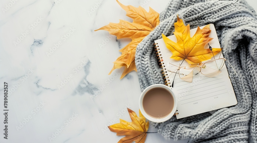 Aufkleber workspace with golden maple leaves notebook coffee cup wrapped in scarf glasses stylish office desk 
