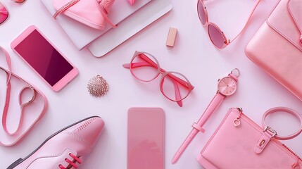 Beauty blog fashion concept Female pink styled accessories cell phone watches sunglasses notebook cosmetics shoes on white background Flat lay top view trendy feminine background : Generative AI