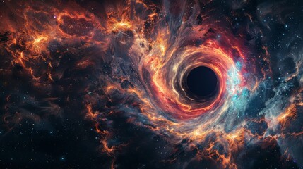 Vortex of swirling cosmic dust and radiant stars encapsulating an ominous black hole in the abyss of deep space
