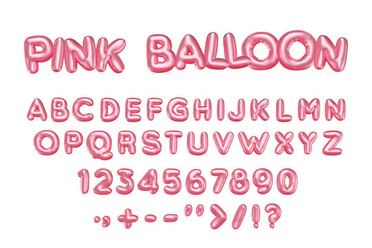Pink 3d balloon font. Inflated English alphabet. Shiny isolated letters, numbers and symbols with metallic effect. Bubble helium typeset, Vector cartoon illustration, realistic render.