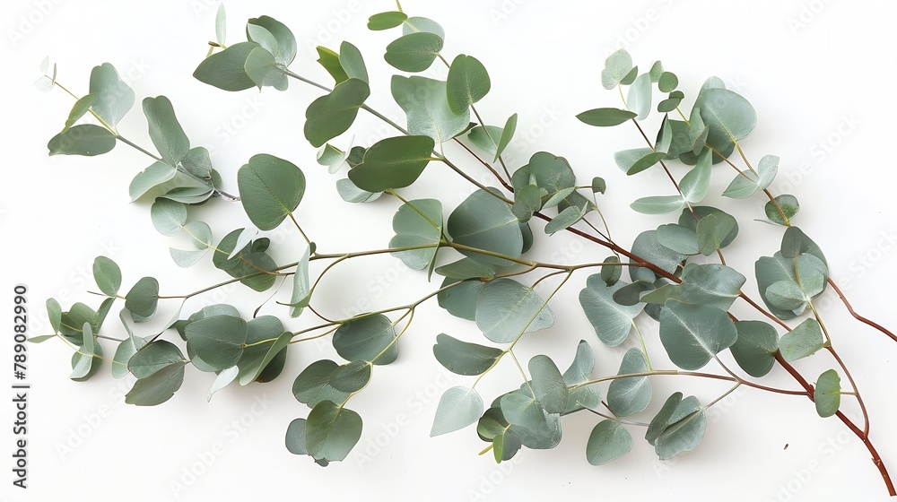 Aufkleber green eucalyptus branches on a white background flat lay top view : generative ai