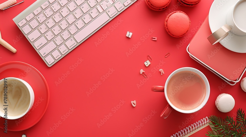 Poster styled stock photography red office desk table with blank notebook keyboard macaroon supplies and co
