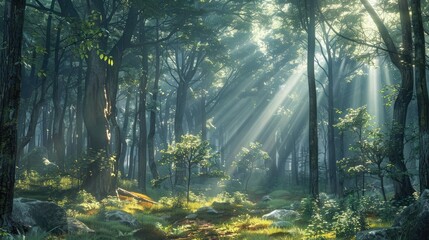 tranquil forest scene with sunlight filtering through the trees, creating a serene backdrop for meditation and reflection. - obrazy, fototapety, plakaty
