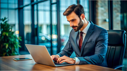 man works in the office at the laptop, career, job, suit,