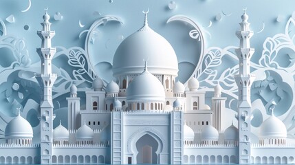 A multi-dimensional paper illustration with Islamic motifs, designed as an Eid Al-Adha background. Featuring empty copy space - obrazy, fototapety, plakaty