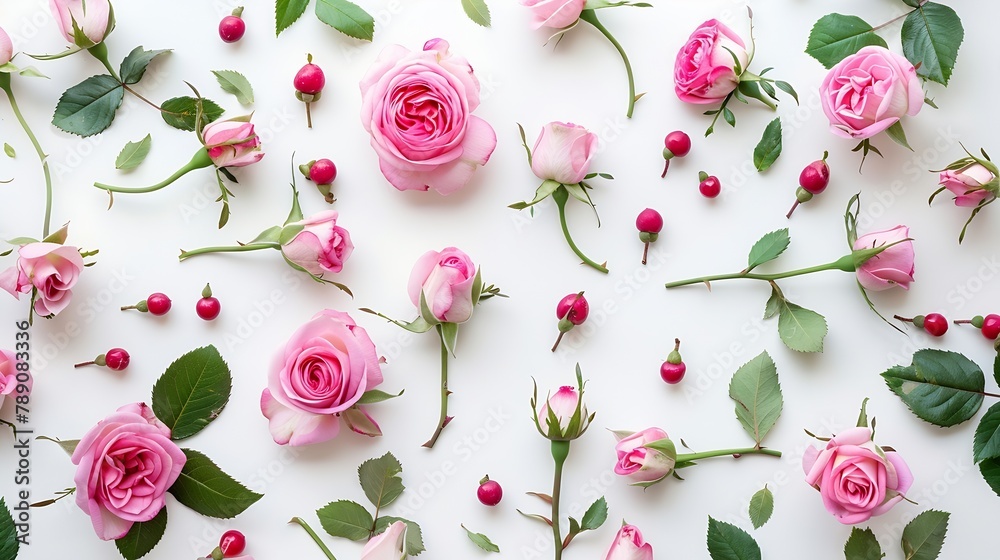 Poster Decorative pattern with pink bright roses buds and berries on white background Flat lay top view view from above : Generative AI