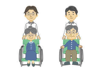 介護士と車椅子に乗った高齢者セット