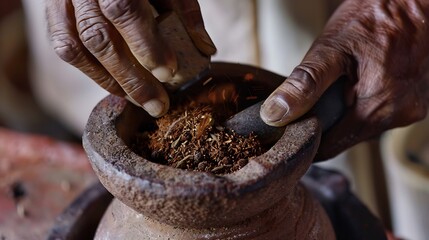 Close up of an Indian fathers hands as he grinds whole spices with a mortar and pestle to make masala chai in his kitchen at his home in Mumbai India : Generative AI - obrazy, fototapety, plakaty