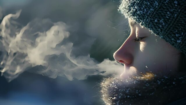 In the biting cold their breath seems almost tangible gently floating through the air. .