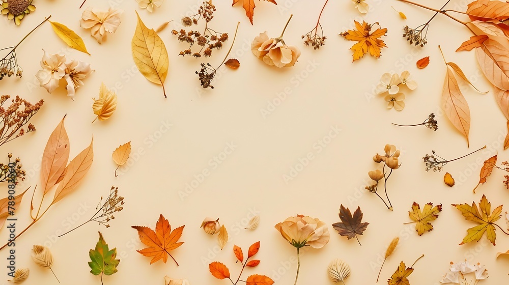 Poster autumn composition frame made of dried flowers and leaves on pastel beige background autumn fall con