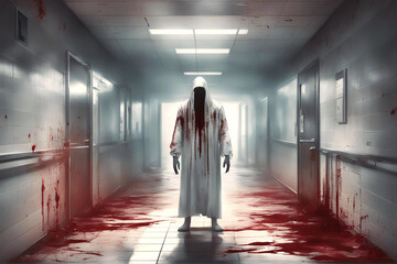 A ghostly figure standing in a hospital corridor spattered in blood.	