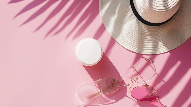 mockup of beauty products in a white jar sun spray spf sun protection summer womens or childrens accessories on a pastel pink background glasses a hat for a beach holiday flat lay copy : Generative AI