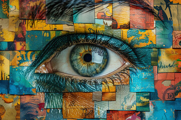 Obraz na płótnie Canvas Collage portrait painting facial closeup eye contact print design art poster Generative AI technology