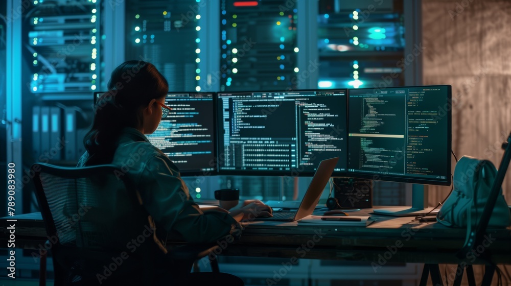 Poster A female software engineer in a data center has a keen interest in data analysis and online protection, actively exploring new opportunities and developing appropriate strategies.