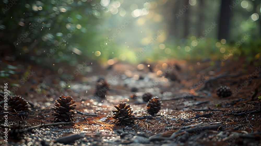Aufkleber Forest path closeup with cones and roots Low point of view in nature landscape Blurred nature background copy space Park low focus depth Ecology environment : Generative AI
