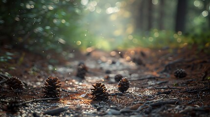 Forest path closeup with cones and roots Low point of view in nature landscape Blurred nature background copy space Park low focus depth Ecology environment : Generative AI