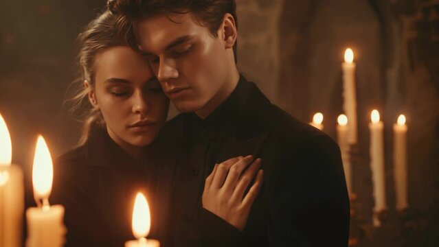 Young Couple pining after their relative at funeral, holding each other against candlelit background with copy space for text. Death of friend concept