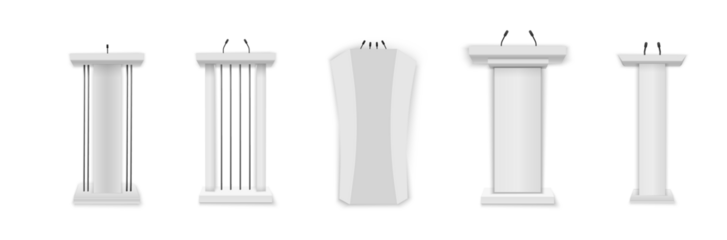 PNG, Business presentation or conference speech realistic 3d stands. White podium, tribune with microphones. Creative vector illustration of a podium tribune with microphones on a transparent backgrou