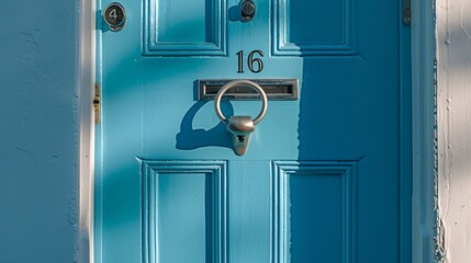 House number 16 on a blue wooden front door with door knocker : Generative AI