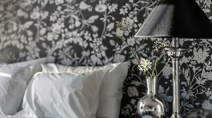 Close up detail view of a home bedroom bedside table with an elegant silver lamp and decorative vases with natural flowers against a busy organic black and white wallpaper interior wit : Generative AI