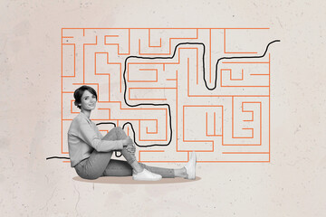 Composite photo collage of happy girl sit near difficult labyrinth riddle path line route maze game...
