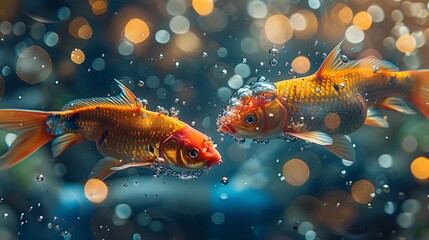 Create an image of two vibrant, jumping koi fish dissolving into glowing particles, with a bright, colorful, translucent effect and optical flares. Close-up view. - obrazy, fototapety, plakaty