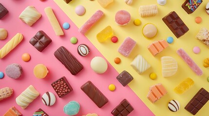 Mixed collection of colorful candy on colored background Flat lay top view frame of colorful chocolate coated candy : Generative AI